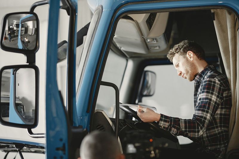 Chauffeur consultant sa feuille de route dans la cabine de son camion